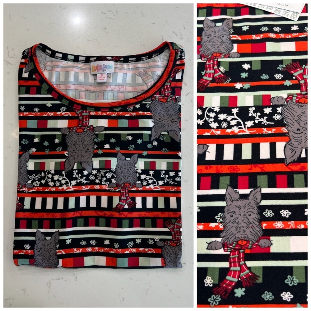 LuLaRoe Scottish Terrier Christmas Print Short Sleeve Gigi Top NWT